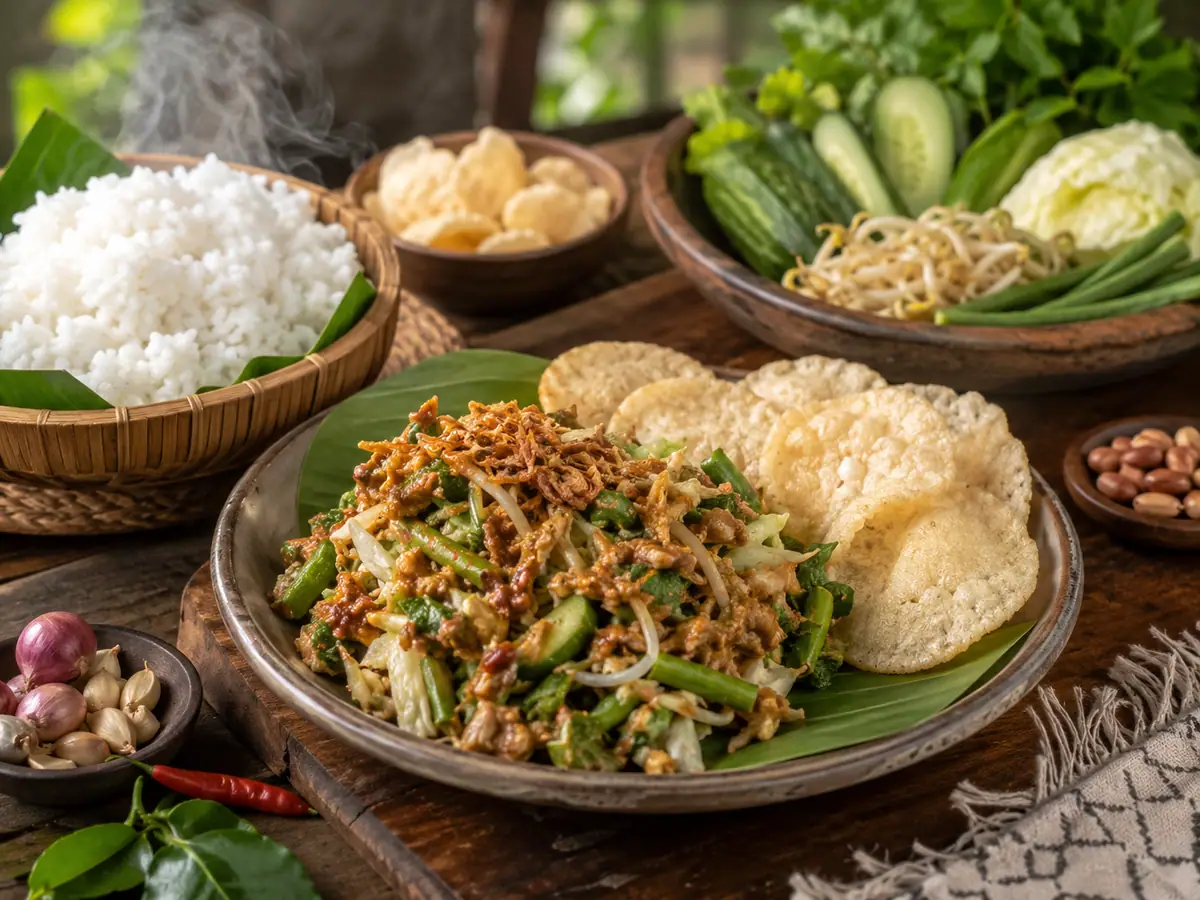 Sepiring karedok sunda lengkap dengan nasi hangat dan kerupuk