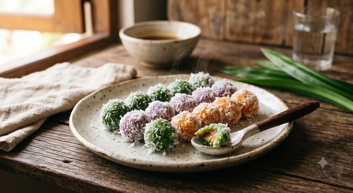 Variasi klepon berbagai warna hijau ungu dan oranye disusun di atas piring
