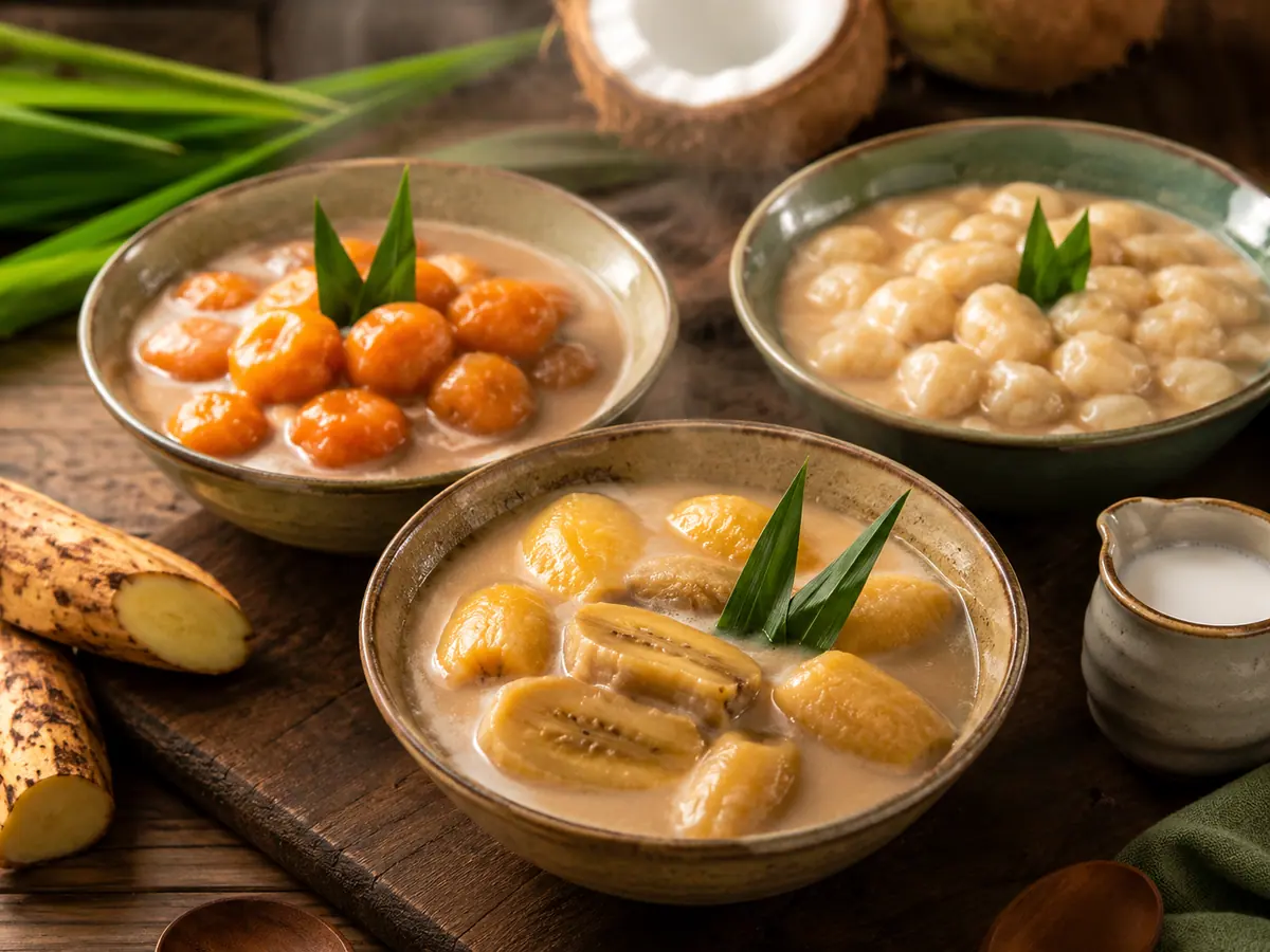 Aneka variasi kolak pisang, biji salak, dan candil dalam mangkuk terpisah