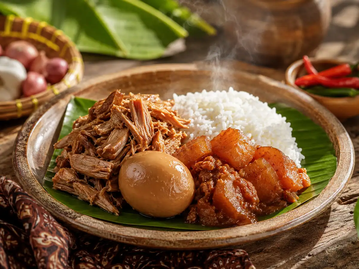 Krecek disajikan bersama gudeg nangka, telur, dan nasi hangat