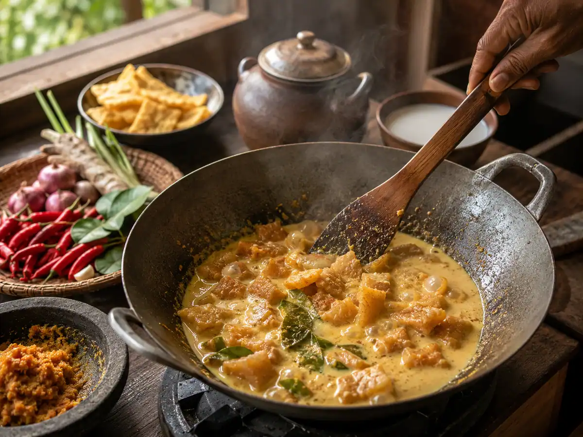 Proses menumis bumbu dan memasak krecek dengan santan dalam wajan