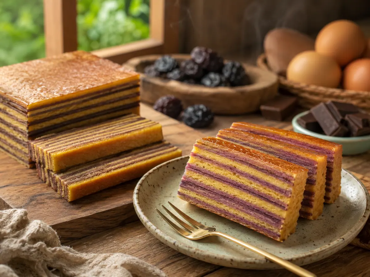 Variasi kue lapis legit prune dan cokelat dipotong menampilkan lapisan berwarna
