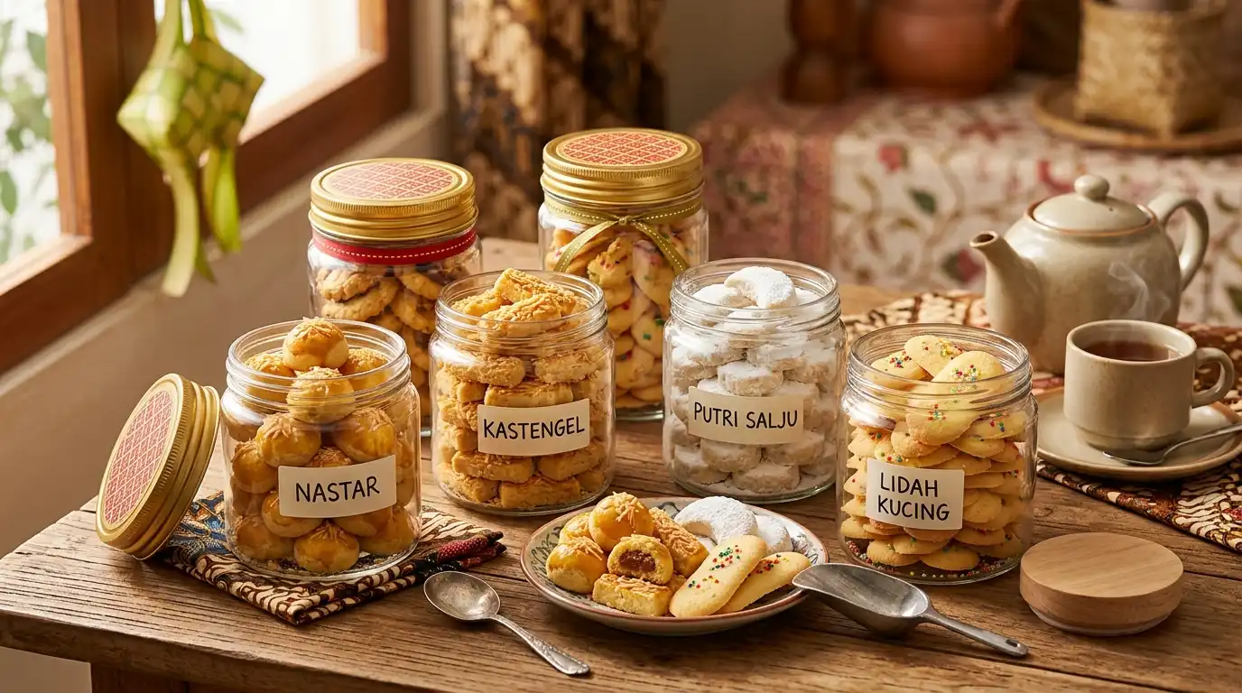 Kue nastar lebaran dengan isian selai nanas dalam toples
