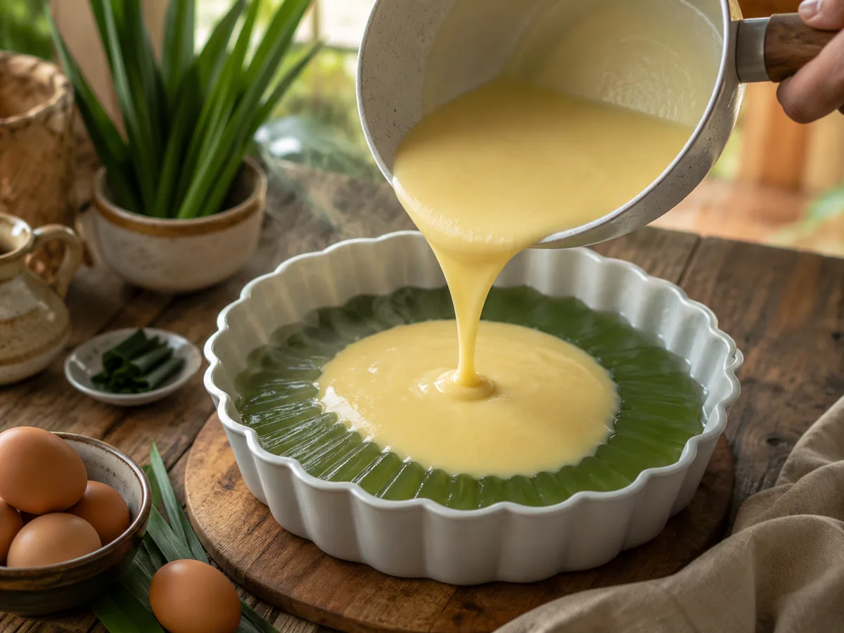Proses menuang lapisan custard di atas agar-agar setengah set dalam cetakan