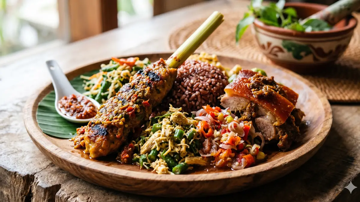 hidangan Bali tradisional dengan bumbu rempah dan presentasi autentik