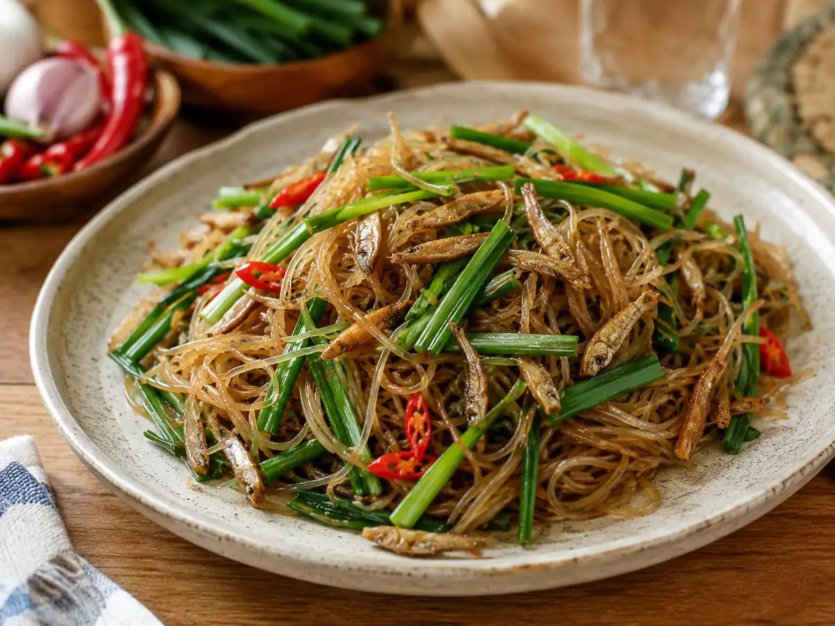 Mie sagu khas Riau yang kenyal ditumis dengan ikan teri dan kucai