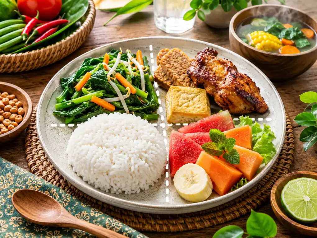 Ilustrasi prinsip Isi Piringku dengan pembagian porsi sayur, buah, karbohidrat, dan lauk