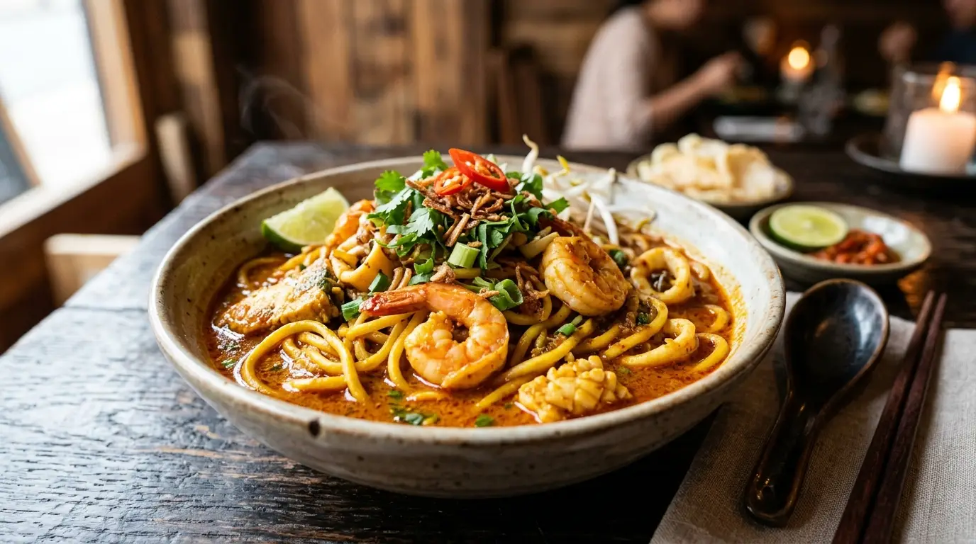 Mie Aceh goreng dengan topping daging dan udang yang menggugah selera