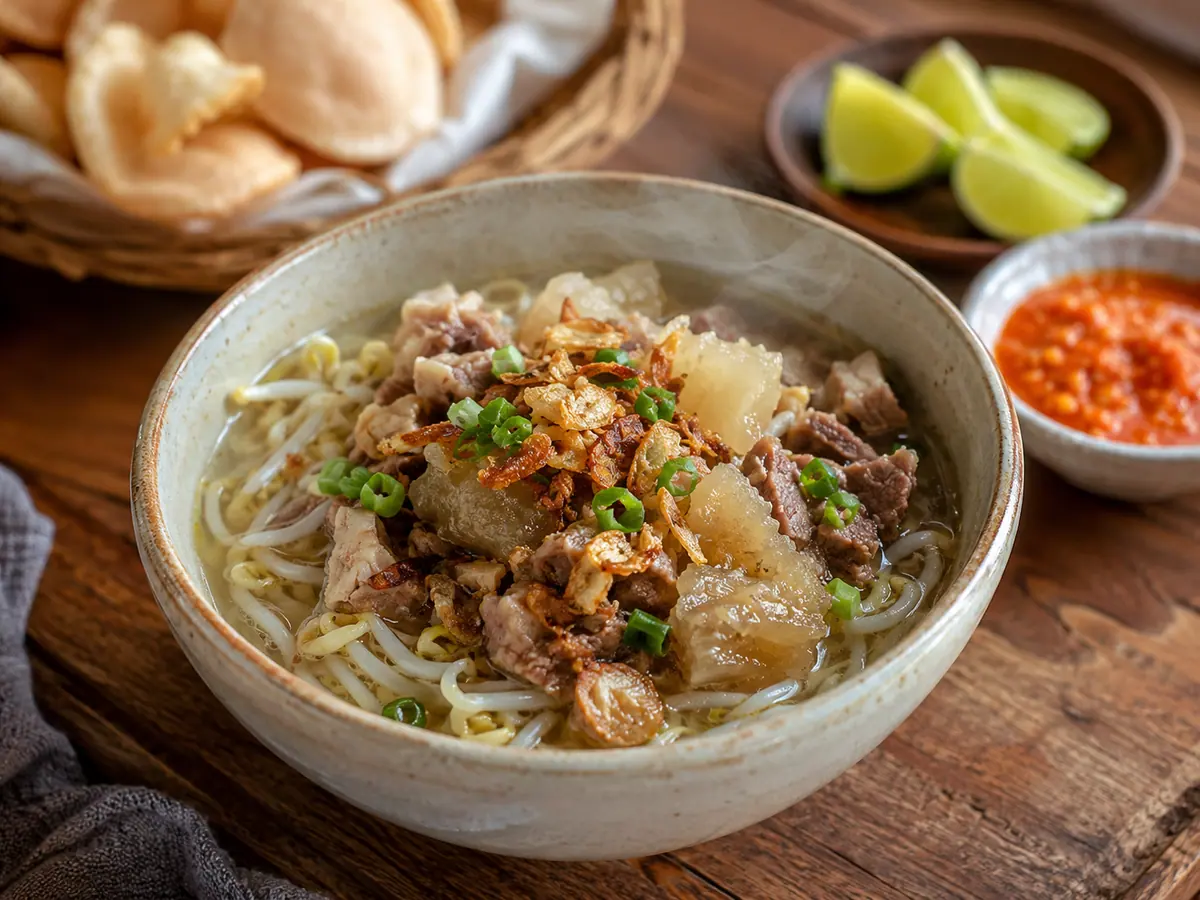 Semangkuk mie kocok Bandung dengan kikil tauge dan taburan bawang goreng