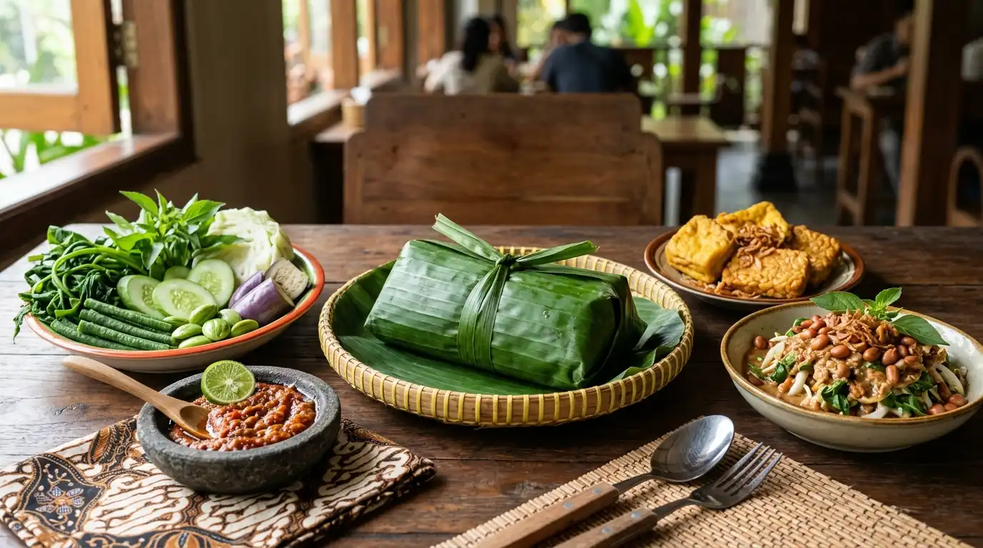 Nasi timbel khas Sunda dengan lauk pauk lengkap dan lalapan segar