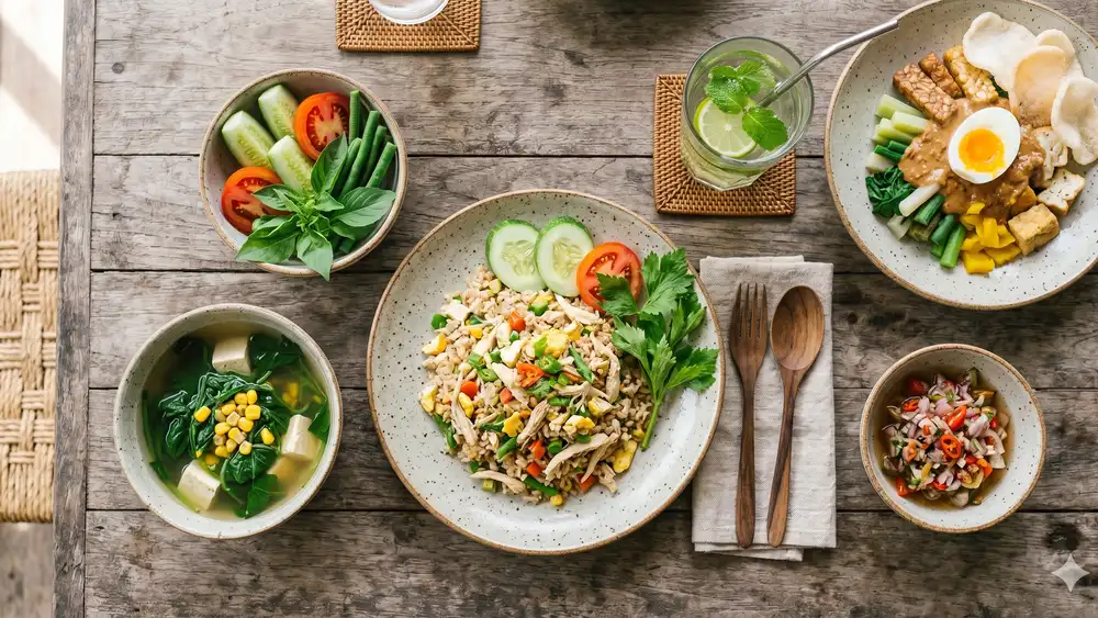 Berbagai makanan sehat seperti sayuran dan buah-buahan segar