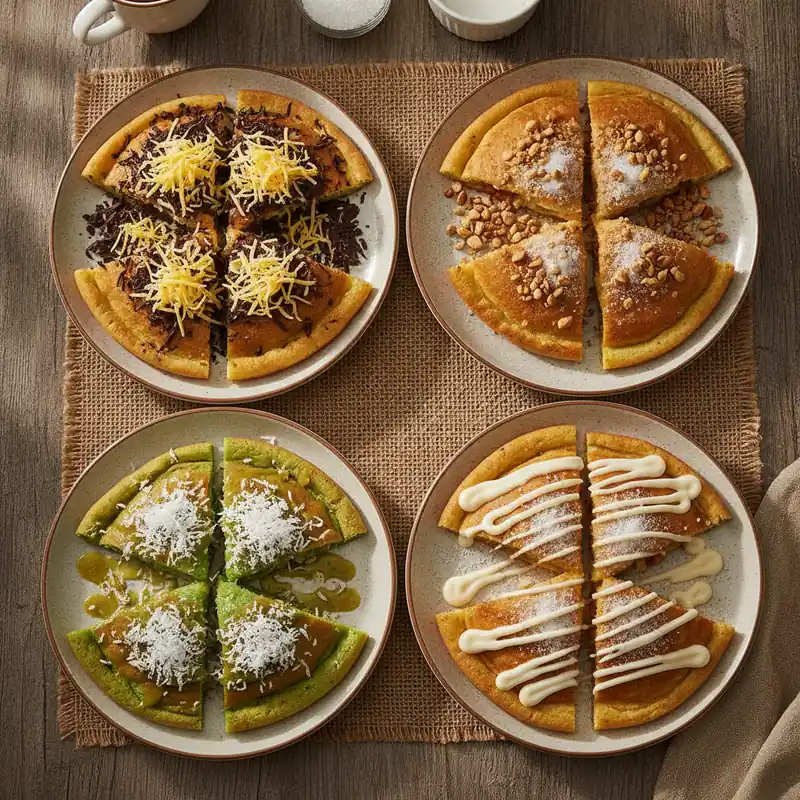 Variasi martabak manis dengan berbagai topping modern dan klasik tertata di piring