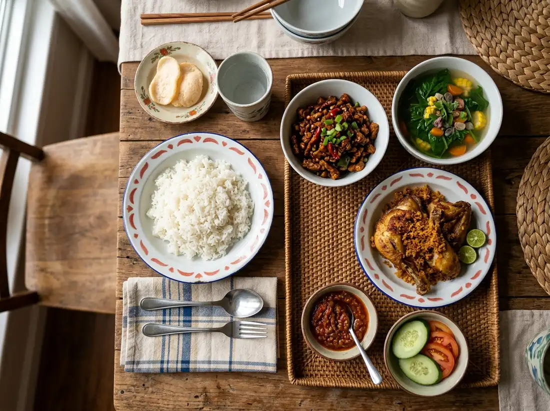 Sajian menu masakan harian rumahan Indonesia lengkap dengan nasi, ayam, sayur, dan sambal