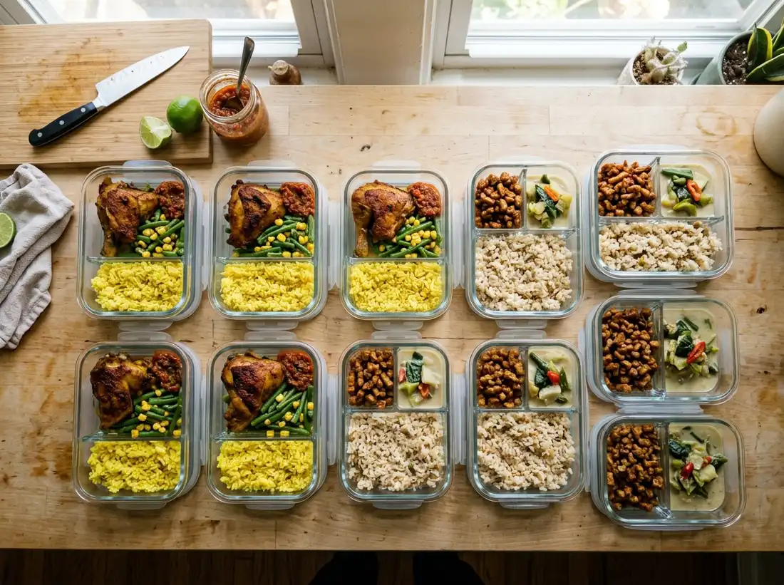 Wadah meal prep berisi porsi nasi, lauk, dan sayur yang tertata rapi