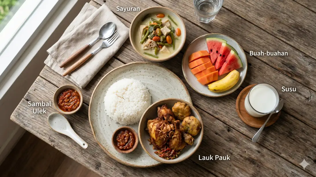 Piring menu sahur seimbang dengan karbohidrat, protein, sayur, dan buah