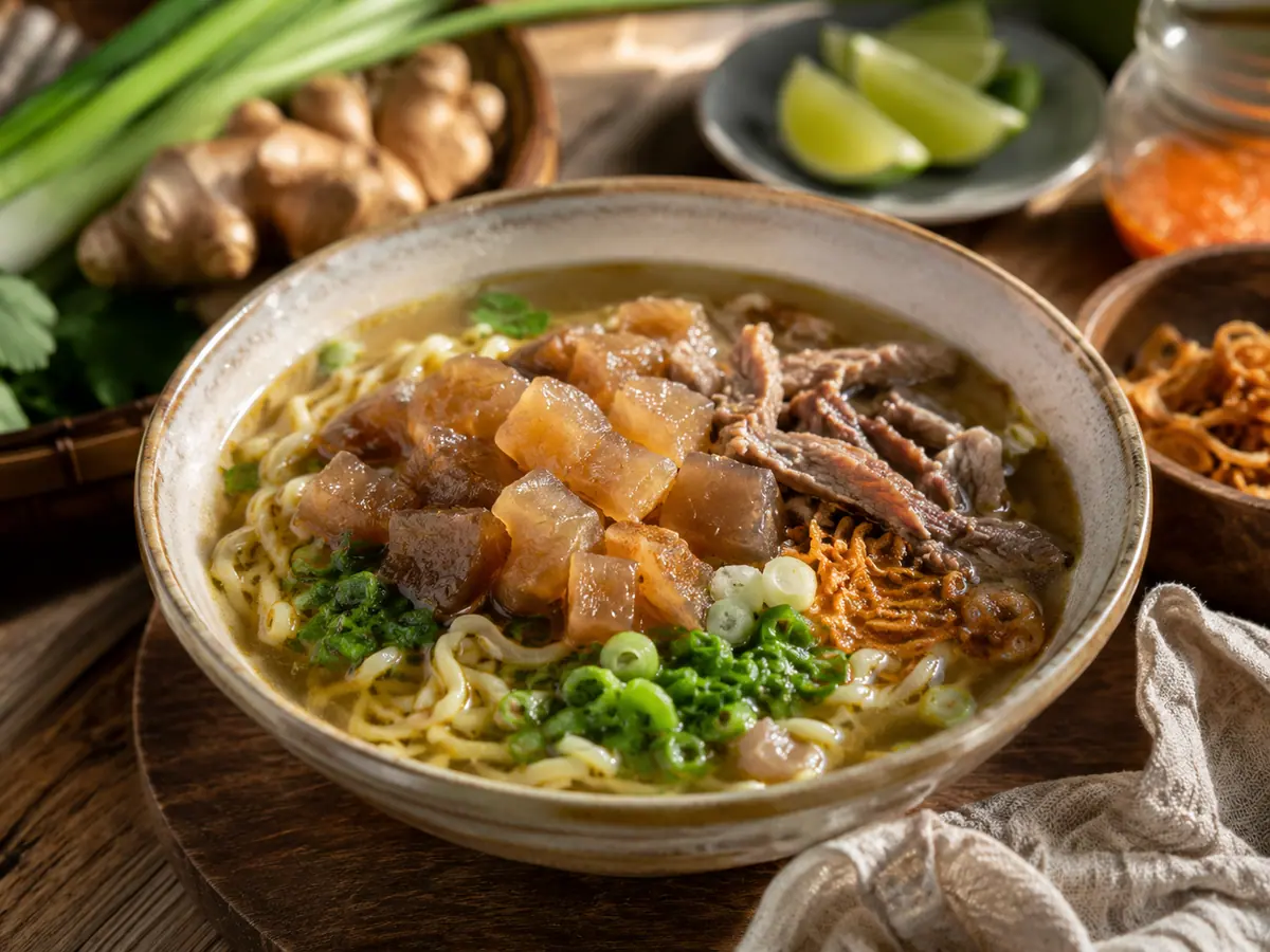 Kikil sapi yang sudah direbus empuk dan dipotong kecil untuk topping mie kocok