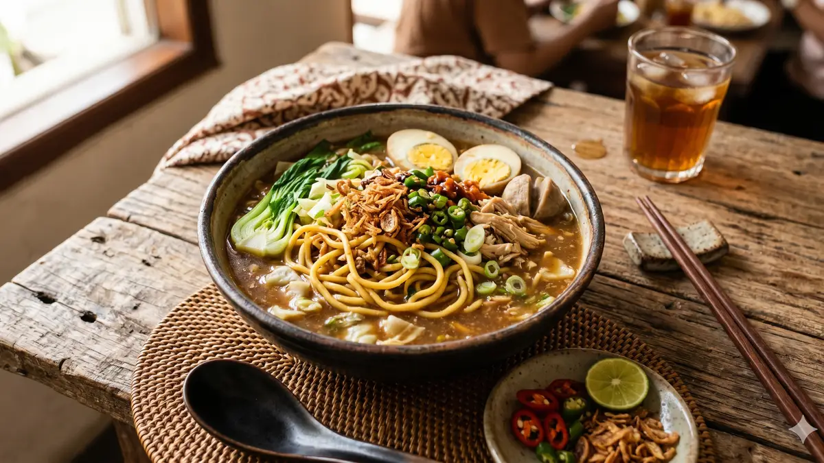 Semangkuk mie nyemek dengan topping lengkap