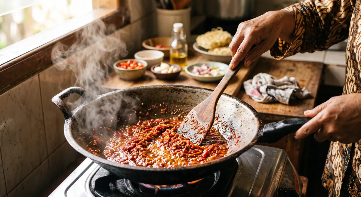 Proses menumis bumbu cabai halus untuk mie pedas di wajan