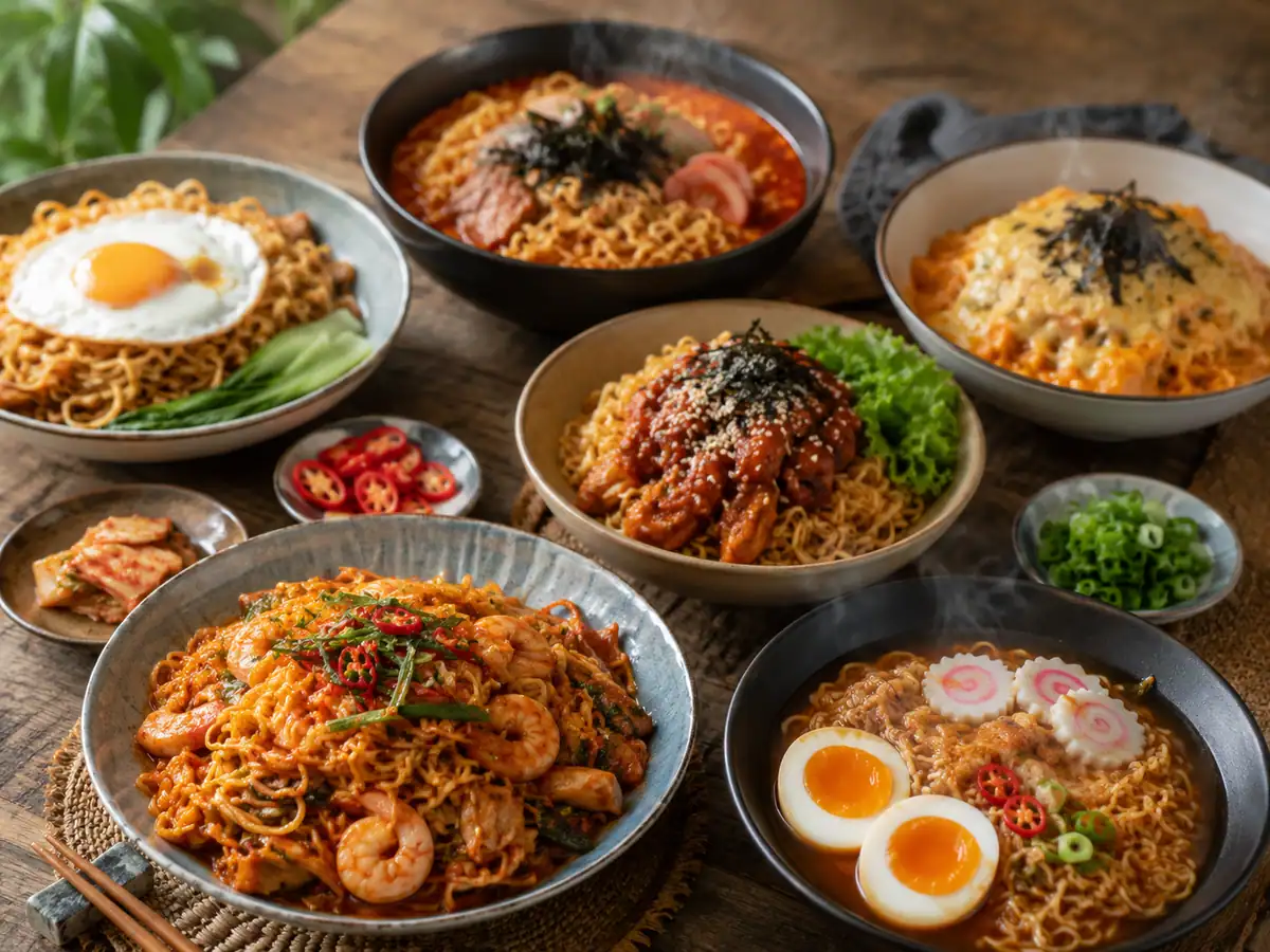 Aneka variasi mie pedas goreng kuah dan korea-style dengan topping berbeda