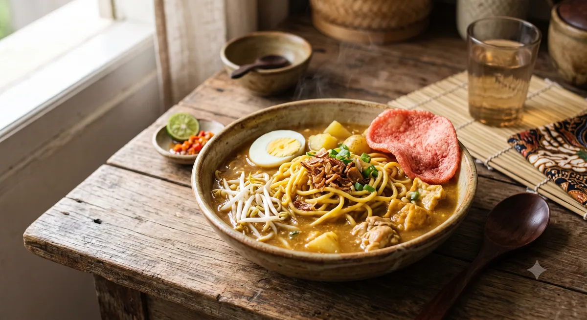 Mie rebus medan dengan kuah kental cokelat keemasan dan kerupuk merah