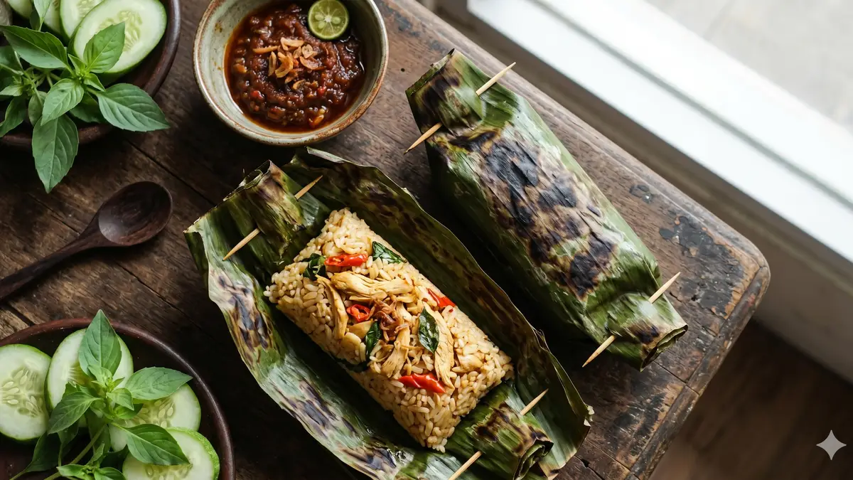 Nasi bakar dengan isian ayam suwir dan sambal
