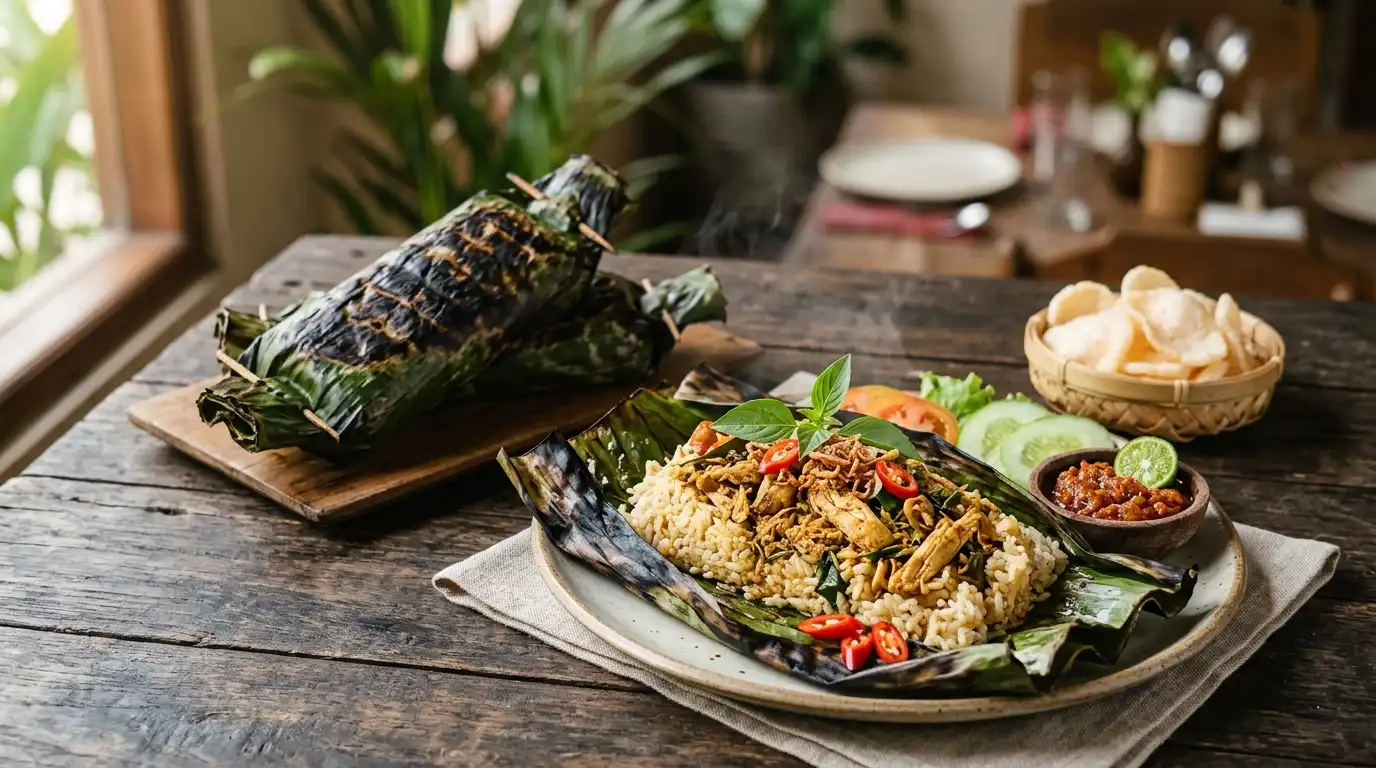 Nasi bakar dengan isian ayam suwir dan sambal