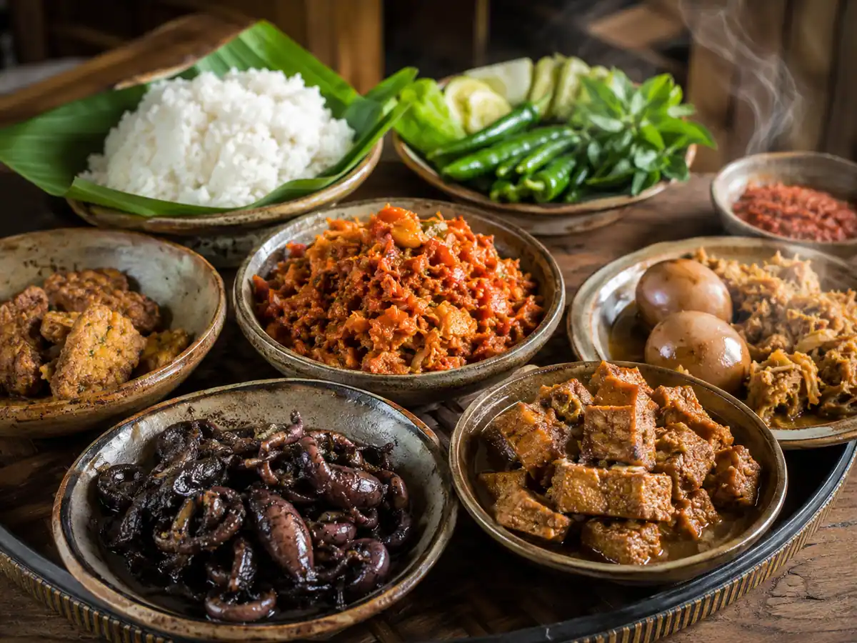 Aneka lauk nasi jamblang seperti sambal goreng, cumi hitam, dan semur tahu