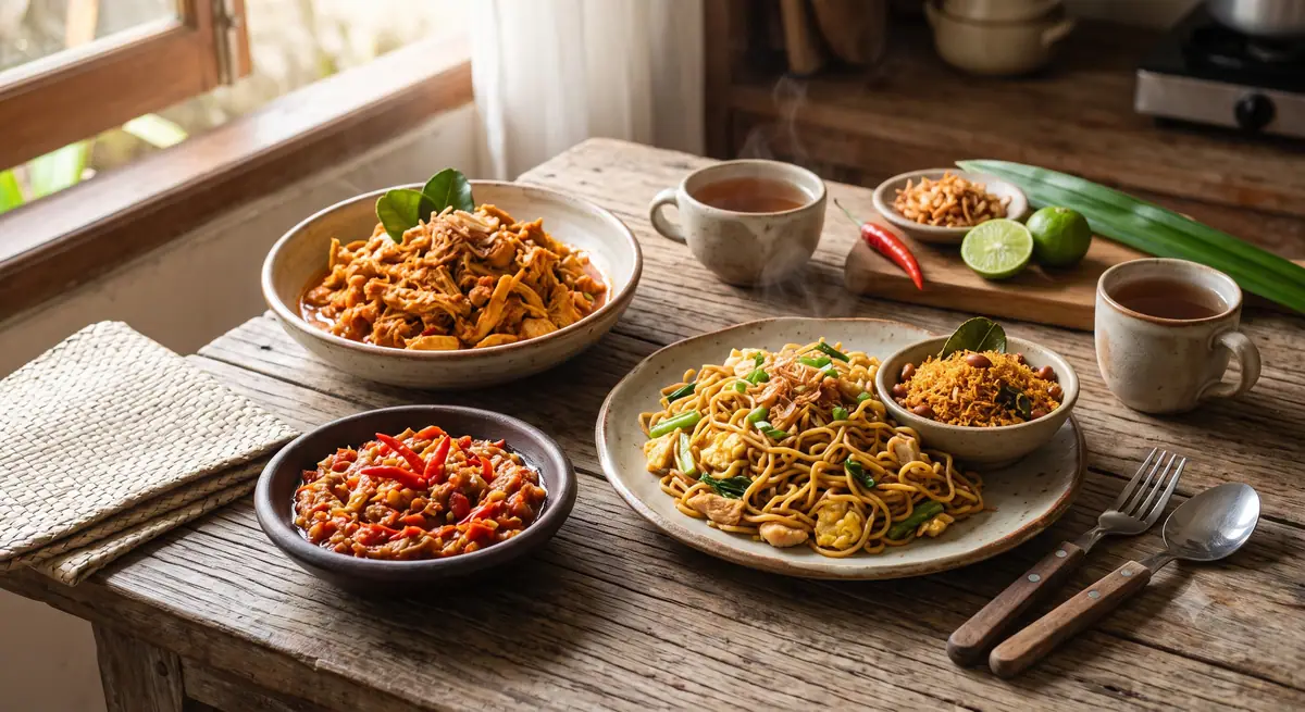 Ayam suwir, sambal, mie goreng, dan serundeng disiapkan untuk isian nasi jinggo