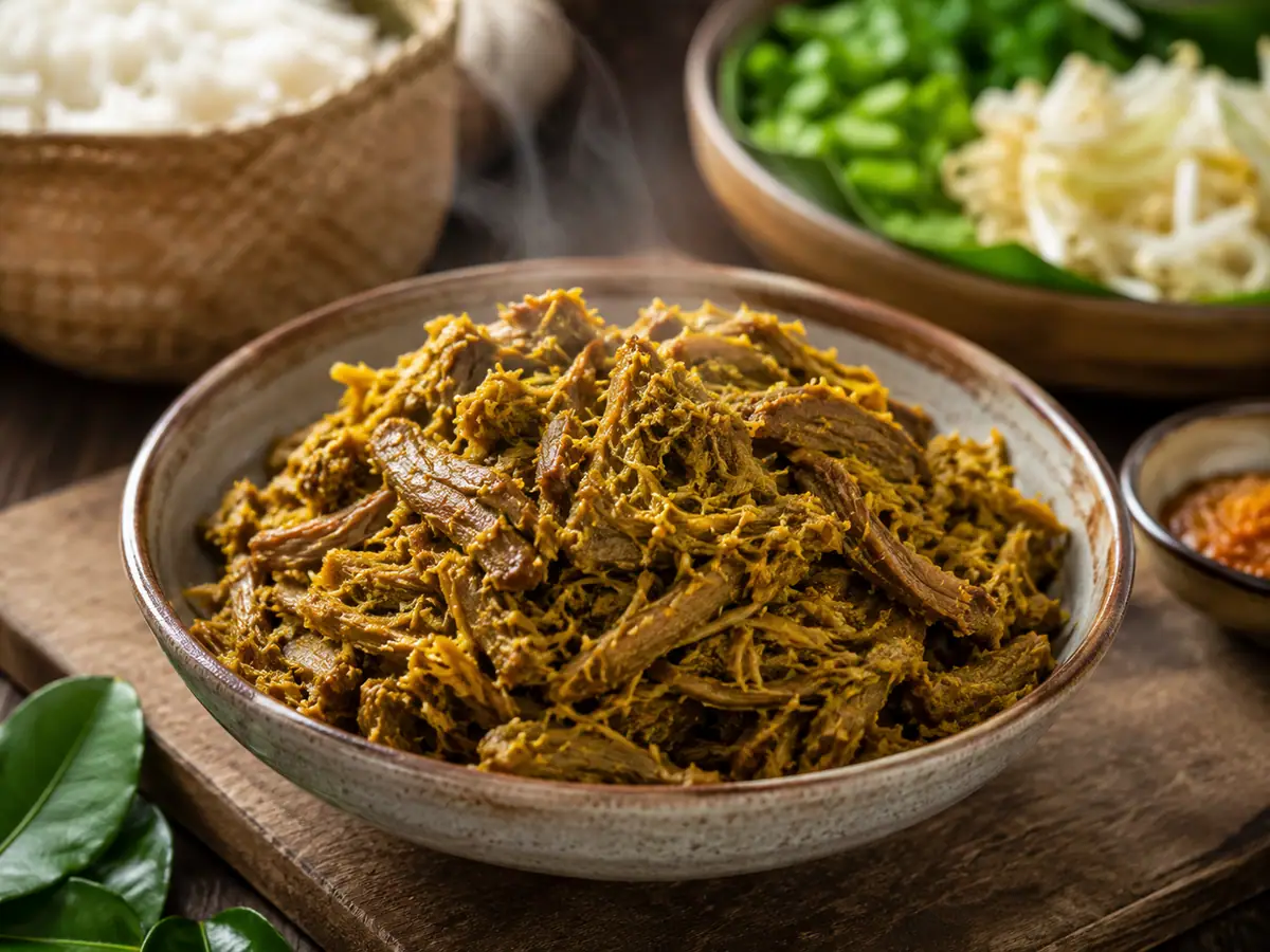 Daging sapi suwir berbumbu kuning untuk topping nasi krawu