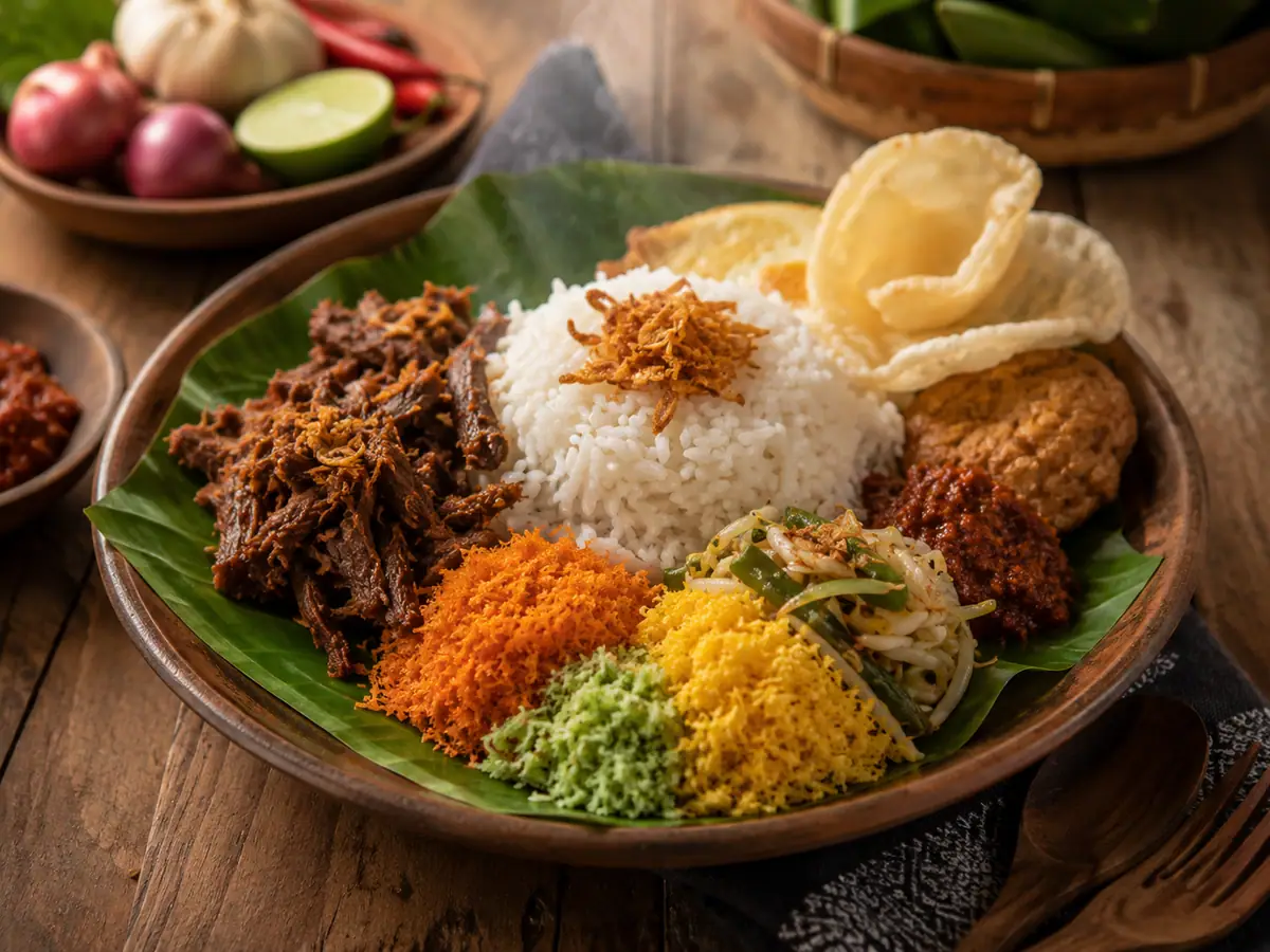 Penyajian nasi krawu lengkap dengan poya tiga warna dan sambal terasi