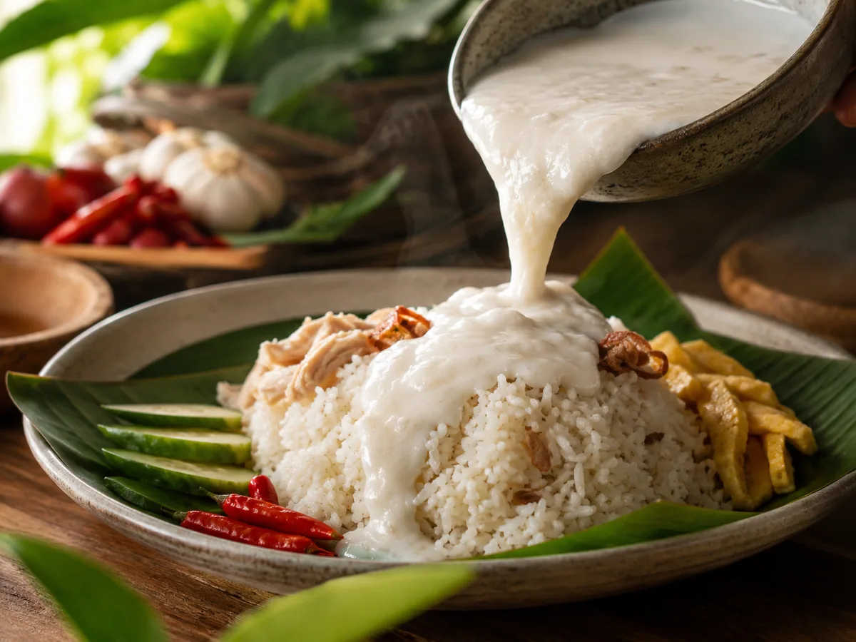 Areh santan kental creamy disiram di atas nasi liwet Solo yang pulen