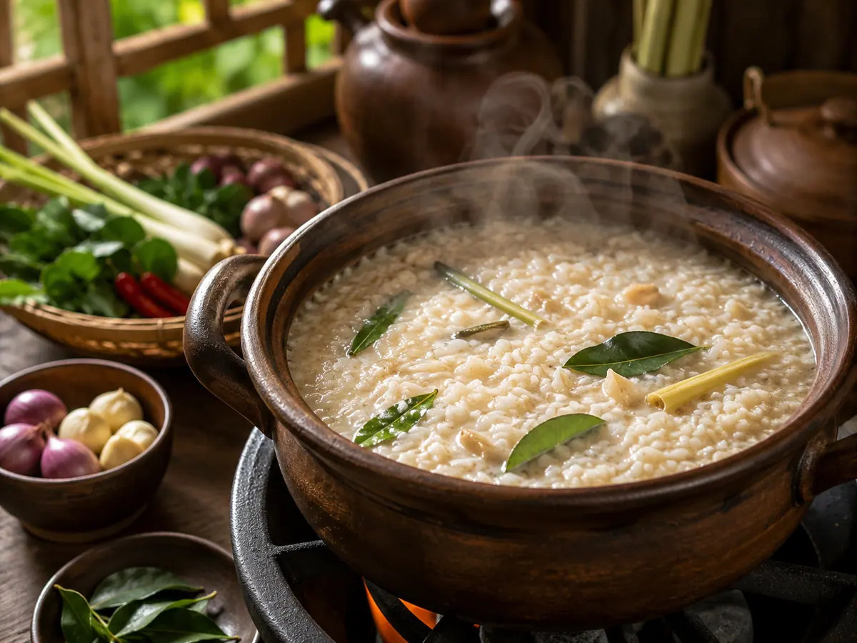 Proses memasak nasi liwet Solo dengan santan dan kaldu di dalam panci sebelum dikukus