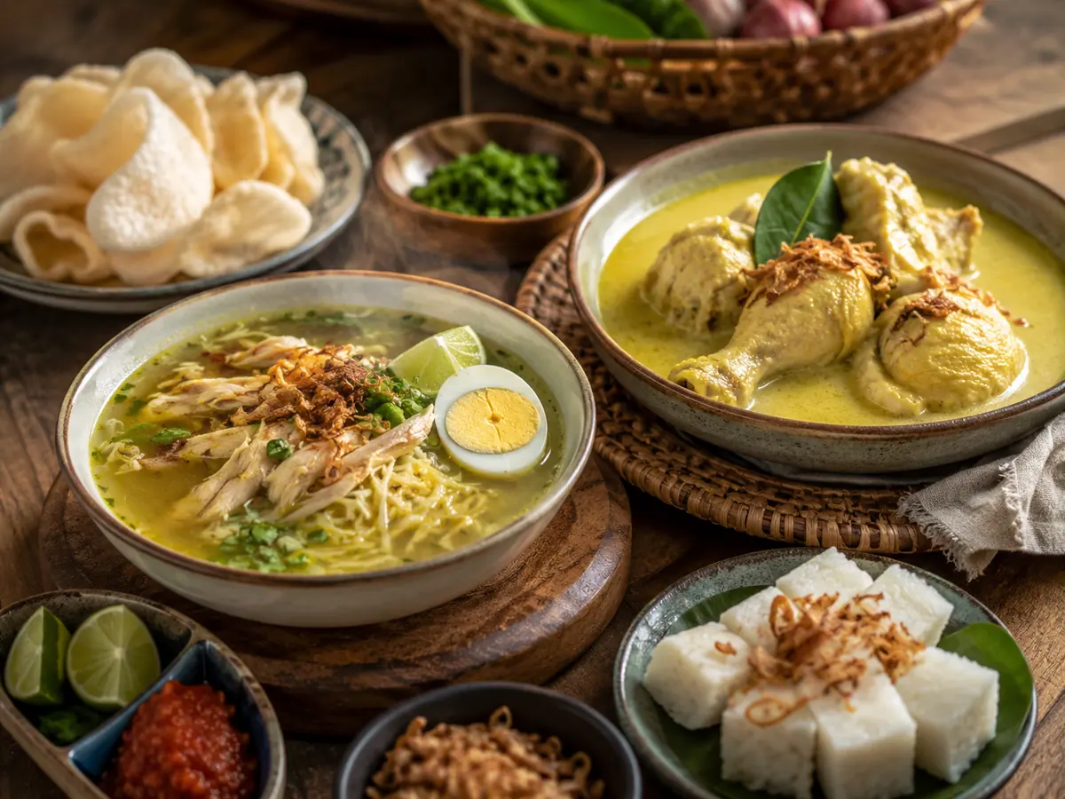 Semangkuk soto ayam dan opor ayam berkuah santan dengan pelengkapnya