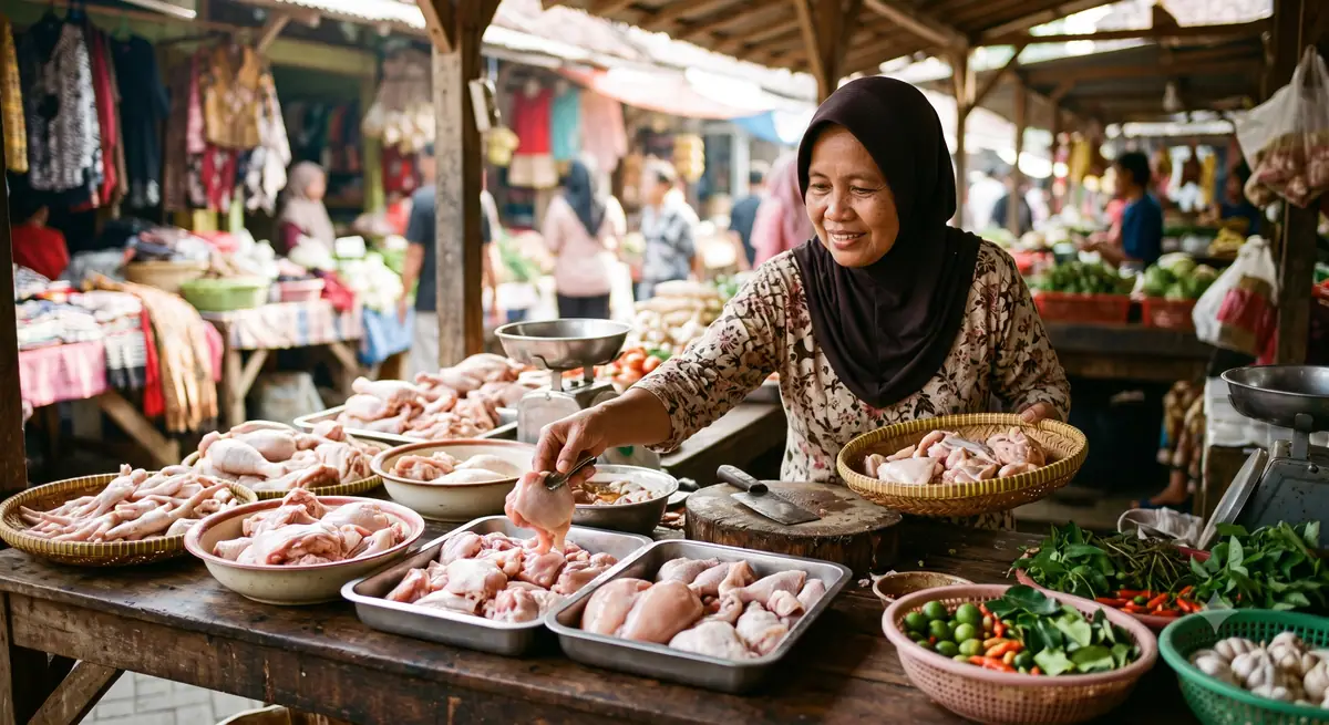 Memilih potongan ayam segar di pasar untuk diolah menjadi berbagai menu