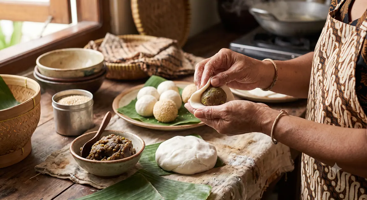 Proses membungkus isian kacang hijau dengan adonan kulit tepung ketan onde-onde