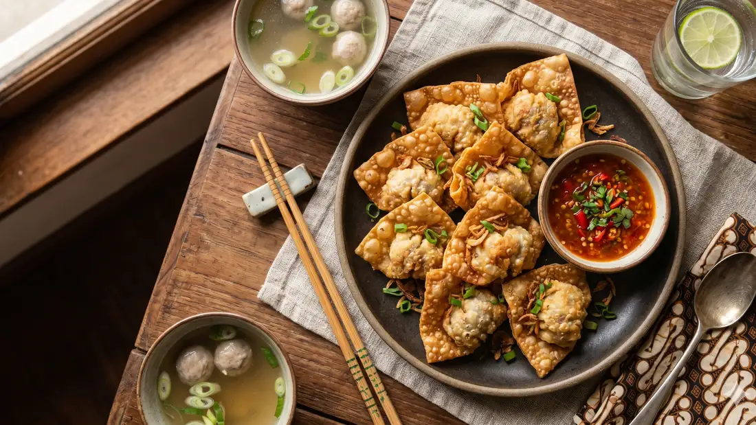 pangsit goreng renyah yang baru selesai digoreng