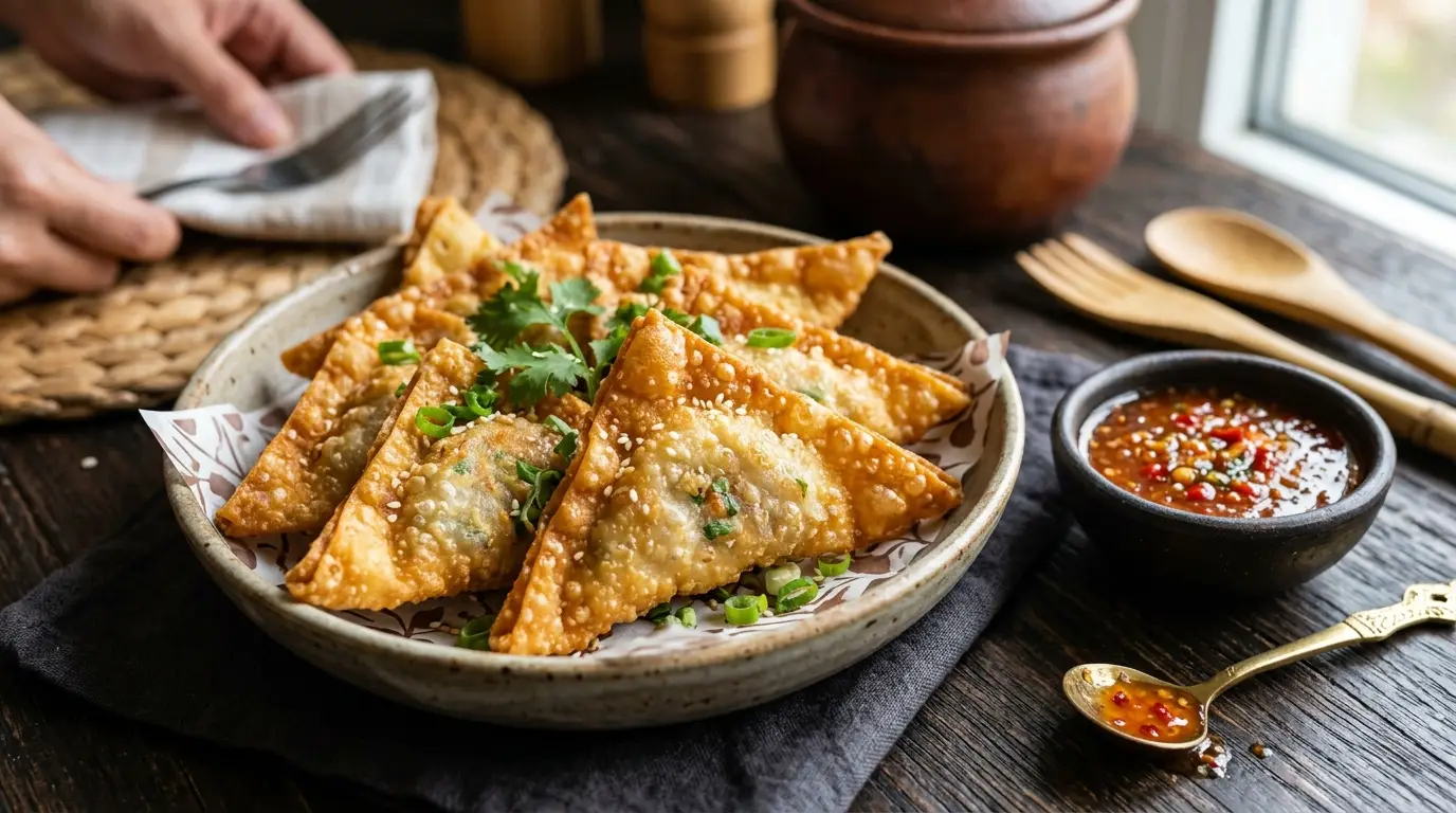 pangsit goreng renyah yang baru selesai digoreng