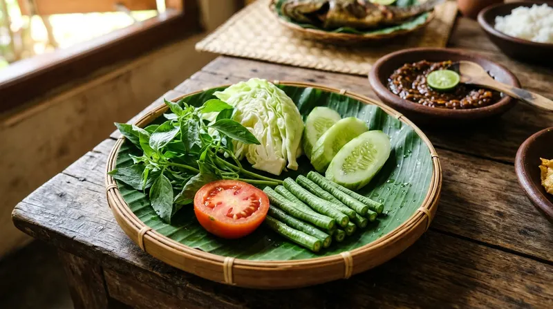 Piring lalapan segar berisi kol, timun, kemangi, kacang panjang, dan tomat di atas daun pisang
