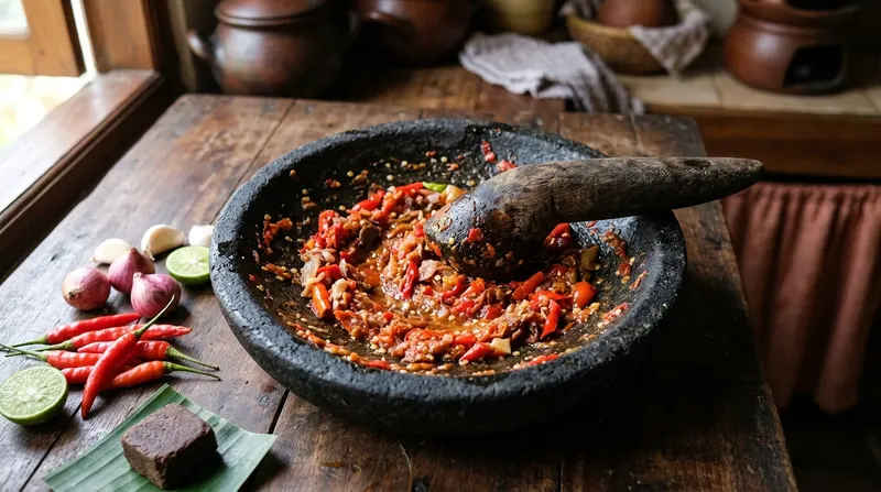 Sambal terasi diulek kasar di cobek batu dengan cabai merah, bawang, dan terasi bakar