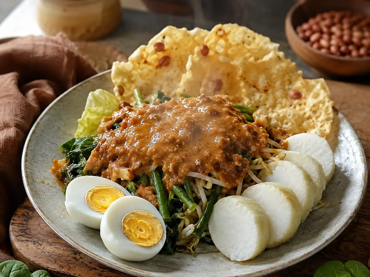 Sepiring pecel Madiun lengkap dengan lontong, telur, dan rempeyek