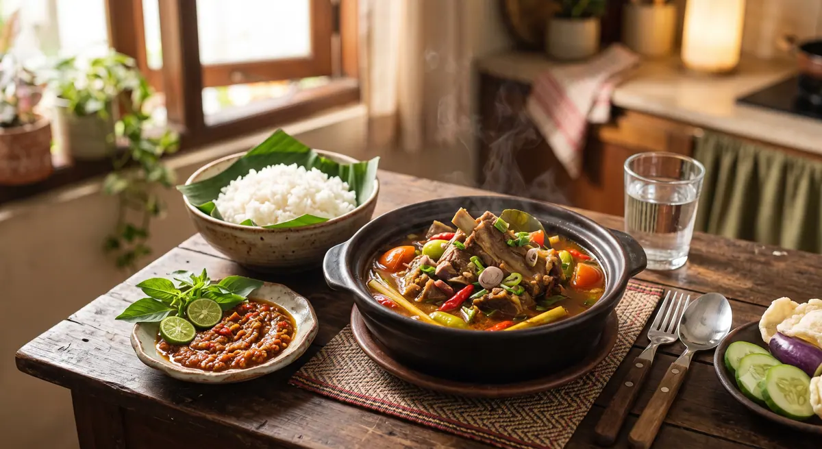 Pindang tulang Palembang berkuah asam pedas disajikan dengan nasi dan sambal