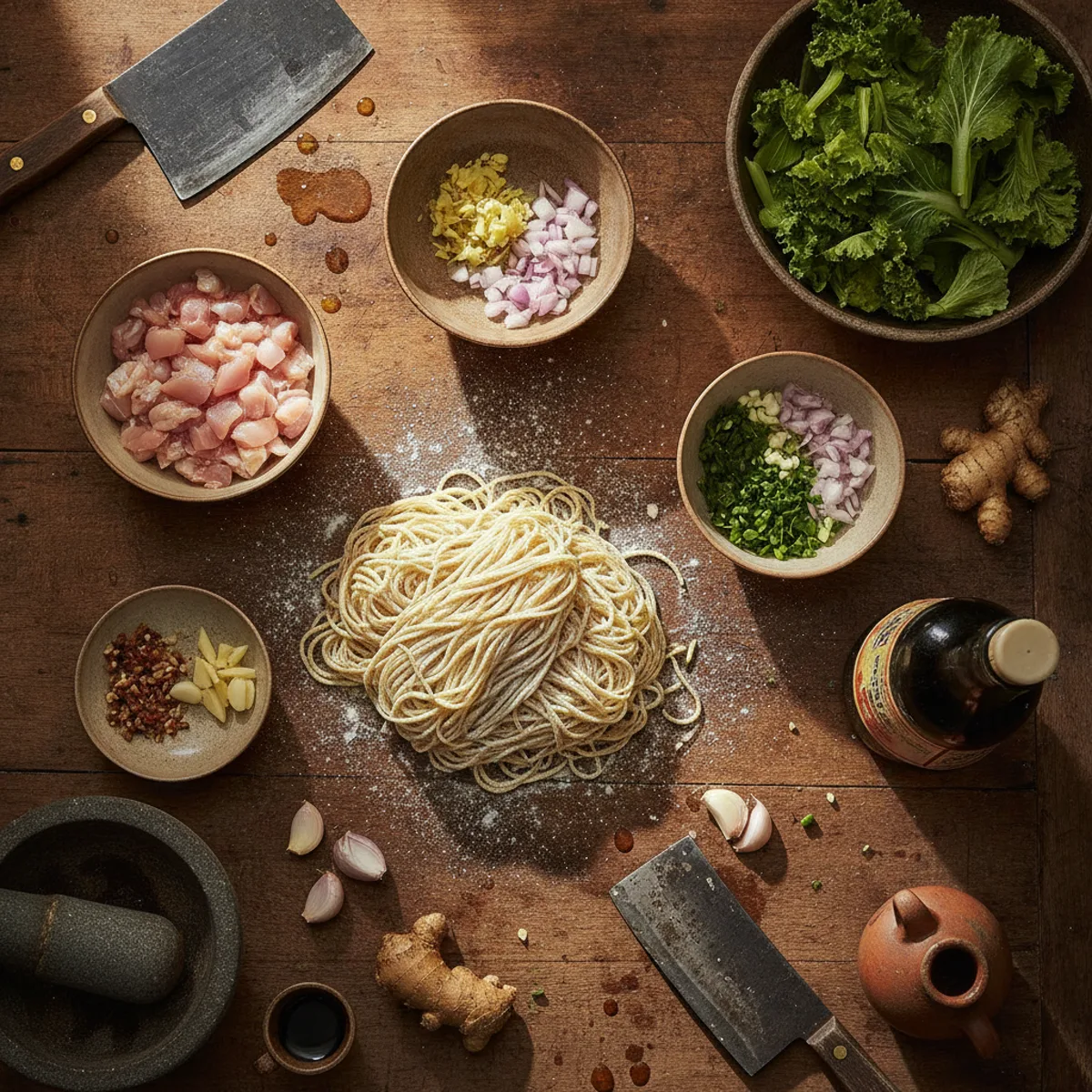 Bahan resep mie ayam sederhana sebelum dimasak