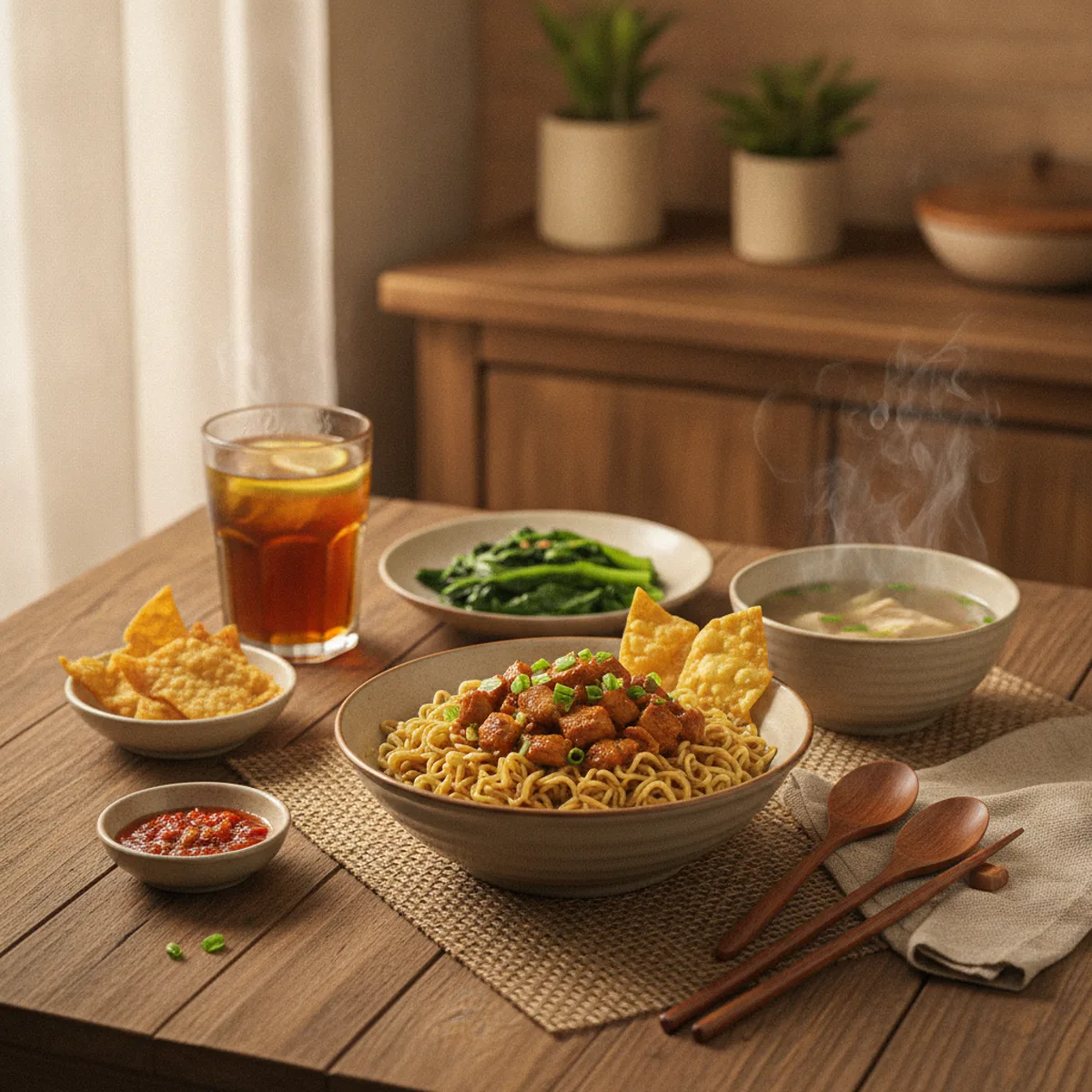 Semangkuk mie ayam sederhana siap disajikan