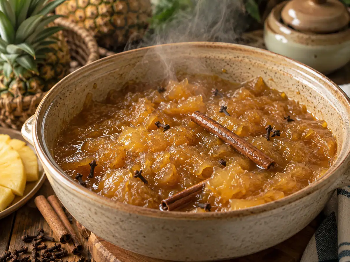 Selai nanas yang sudah mengental dimasak dengan kayu manis dan cengkeh