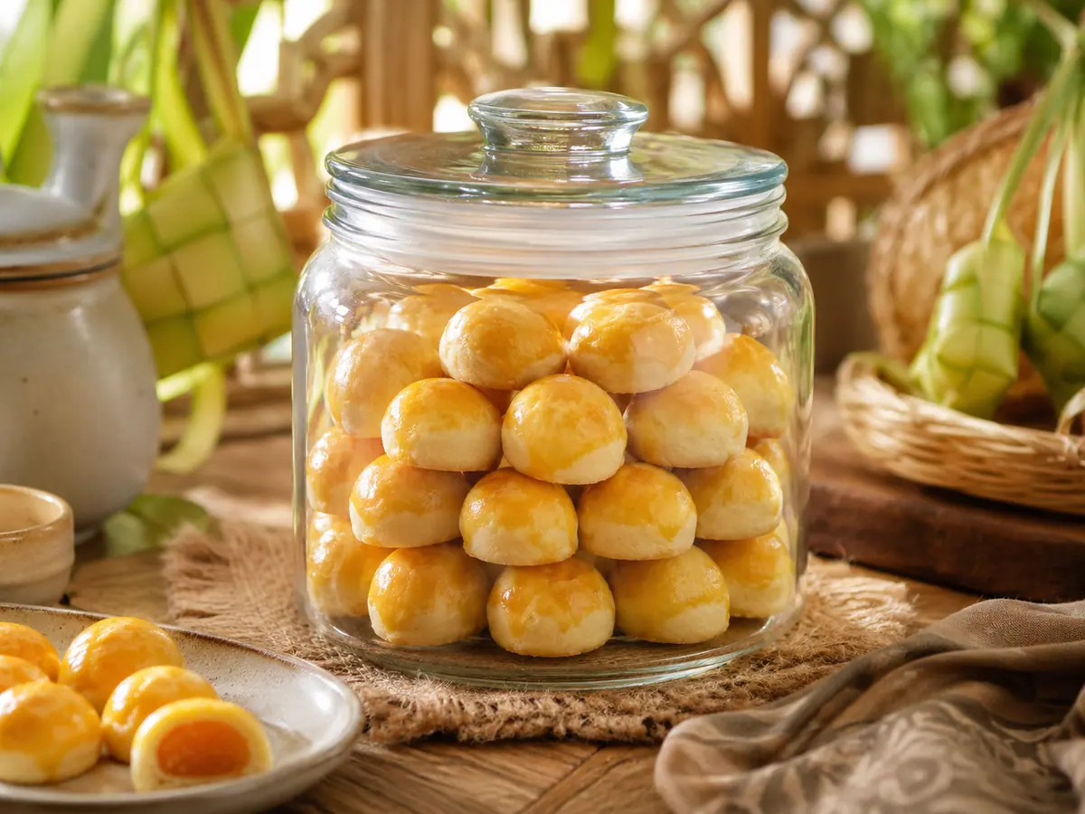 Nastar disimpan rapi dalam toples kaca kedap udara untuk lebaran
