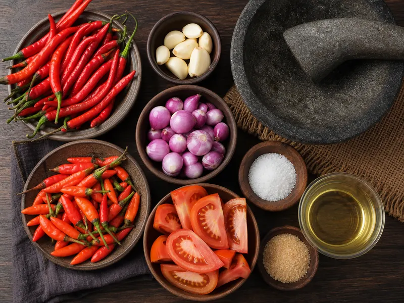 Bahan resep sambal bawang matang dengan cabai dan bawang