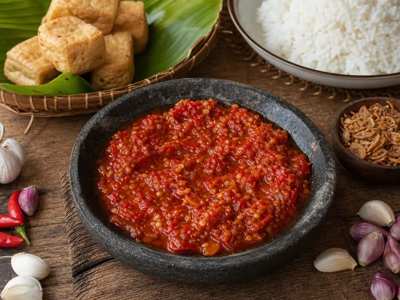 Resep sambal bawang matang dalam cobek dengan nasi dan tahu
