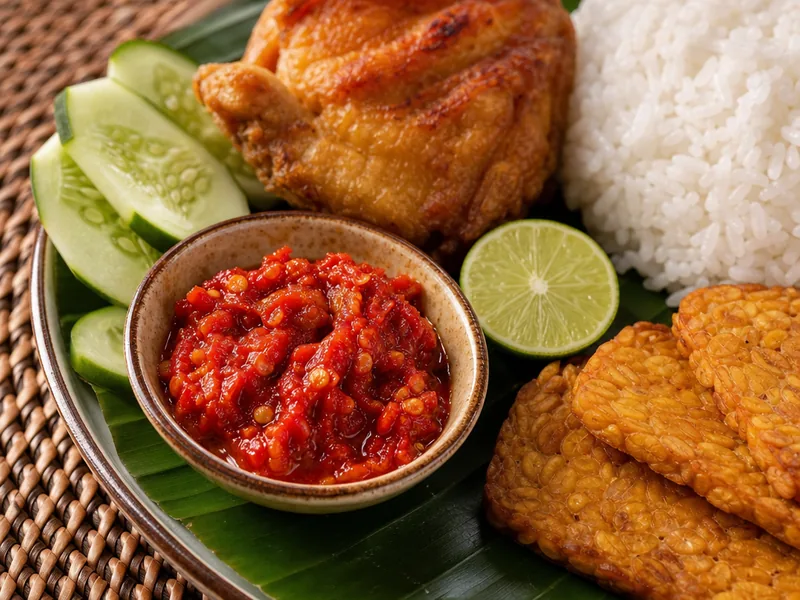 Sambal bawang matang disajikan dengan ayam goreng tempe dan nasi