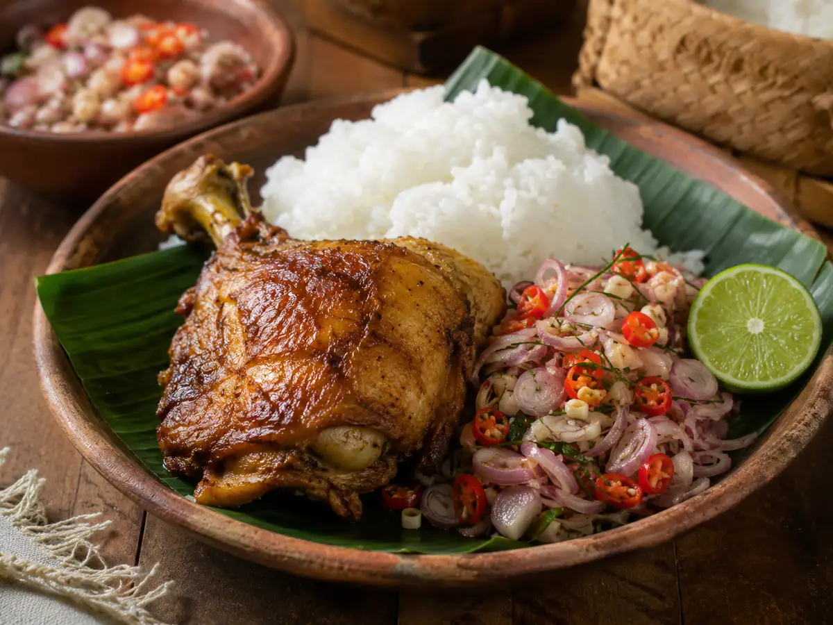 Sambal matah disajikan bersama ayam dan nasi hangat