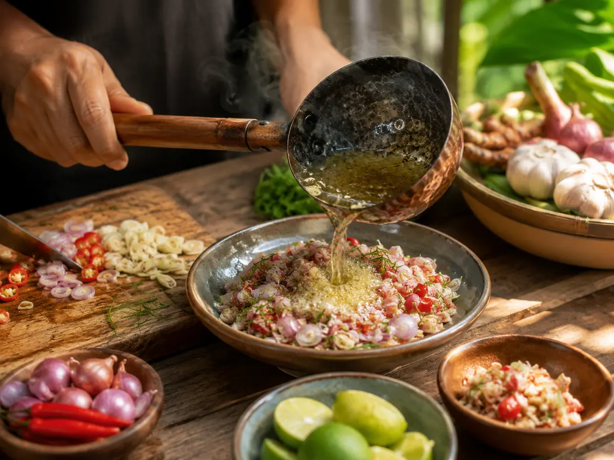 Proses mengiris bahan dan menyiram minyak panas pada sambal matah